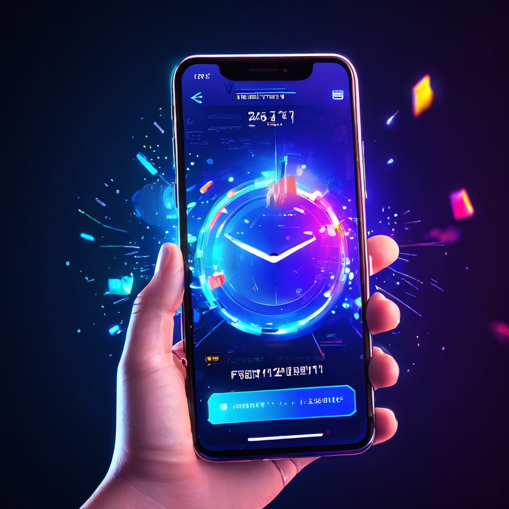 네온빛 스마트폰 화면에서 보상받기 버튼을 누르자 배지와 게이지가 차오르고 색종이가 터지는 모습이다