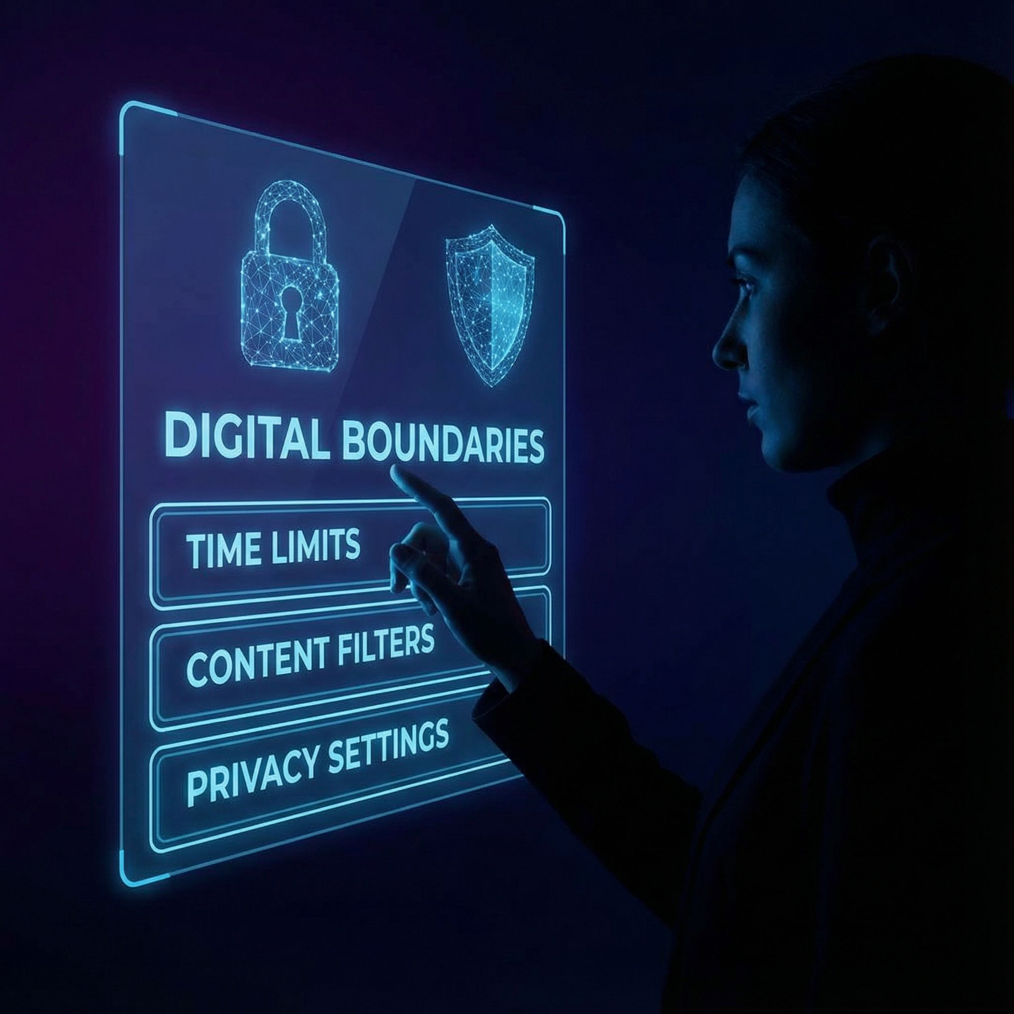 어두운 배경에 손이 빛나는 화면에 경계선 설정, 자물쇠와 방패 아이콘 배치된 모습이다