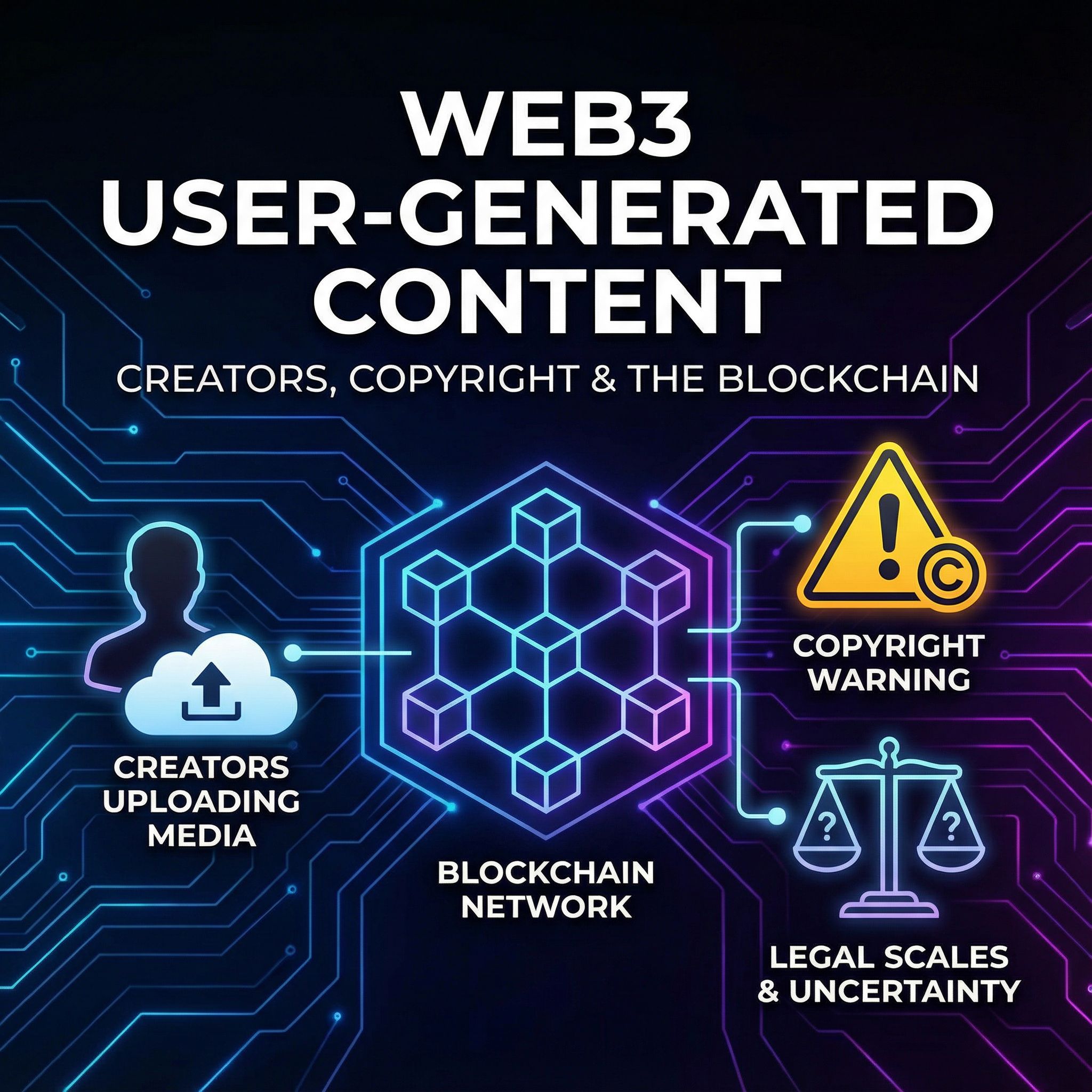 어두운 배경에 블록체인 격자 위 창작자 미디어 업로드, 저작권 경고와 법저울, 물음표가 배치된 모습이다