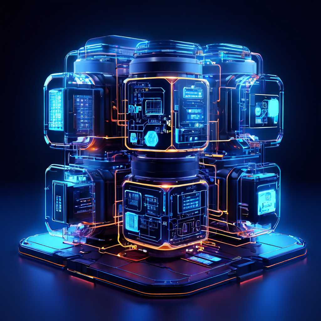 어두운 배경에 빛나는 회로와 블록형 카지노 UI가 분리 슬라이드되는 모습이다