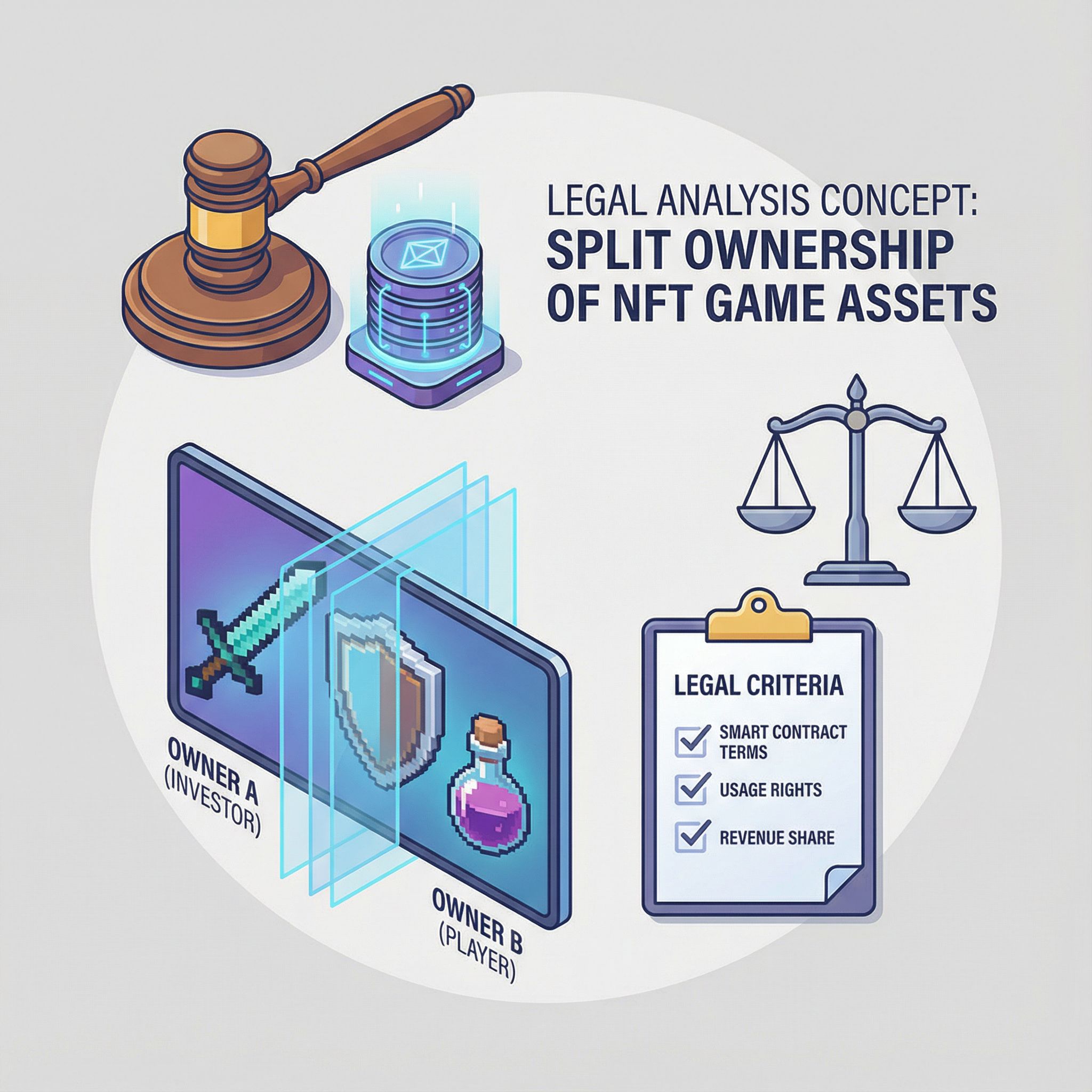 중립 배경에 저울과 판사 망치, 토큰과 게임 아이템이 투명선으로 분할된 인포그래픽 모습이다
