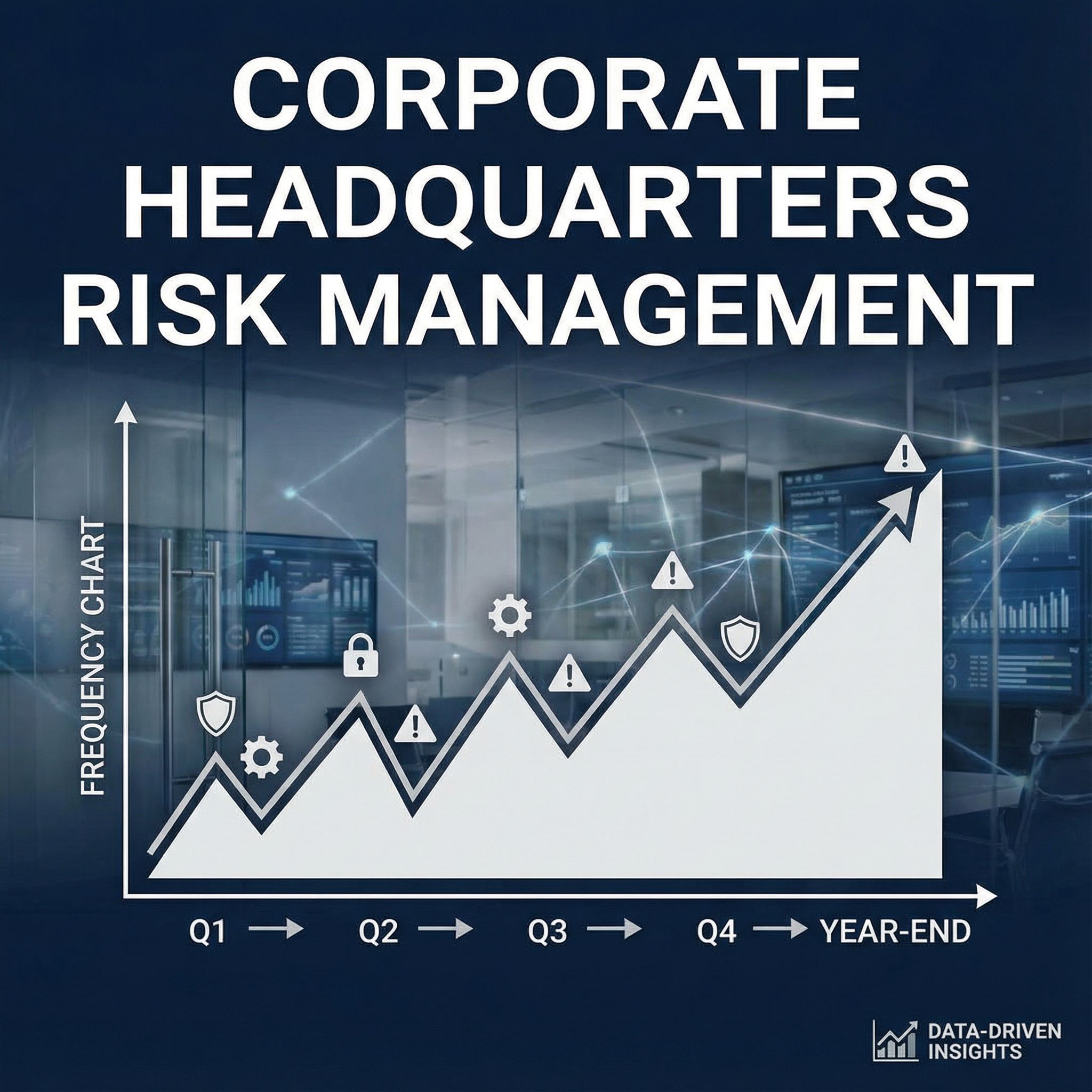 고대비 인포그래픽으로, 사무실 배경 위 타임라인과 변동하는 위험 아이콘의 빈도 차트가 있는 모습이다