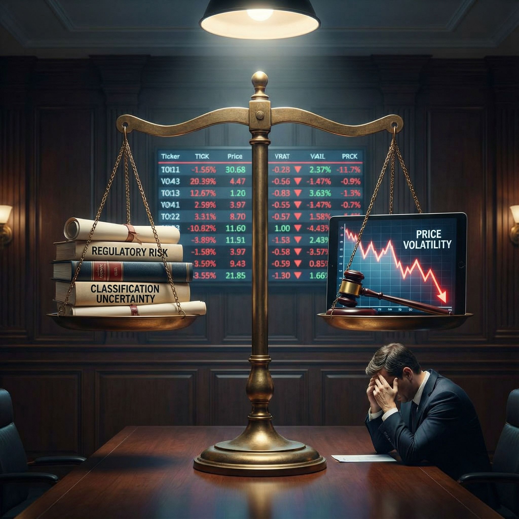 어두운 법정 분위기 속 저울에 서류, 뒤엔 요동치는 주식차트가 비친 모습이다