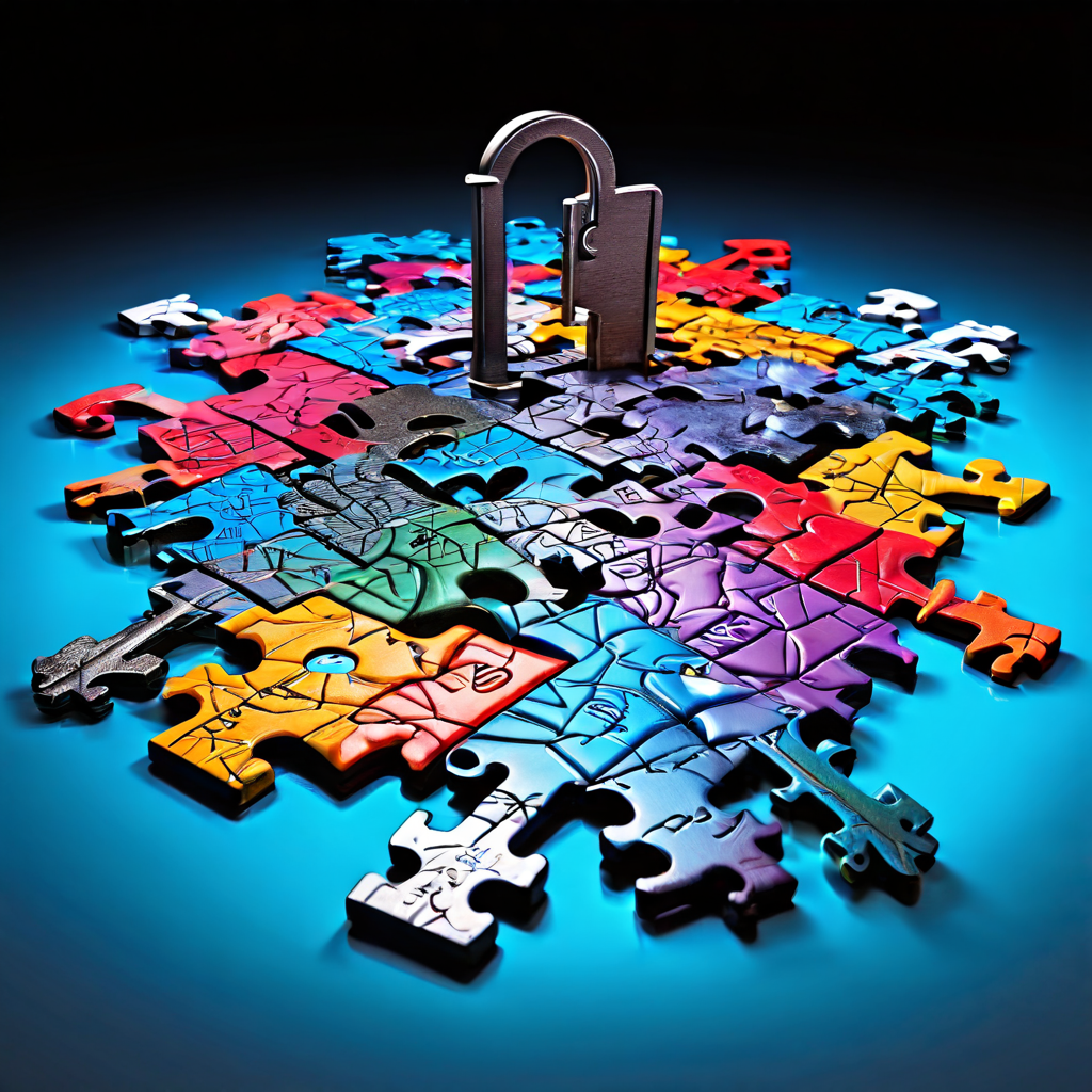 다채로운 조각들이 맞물린 중심에 열린 자물쇠가 놓이며 연결과 해방을 동시에 암시하는 풍경