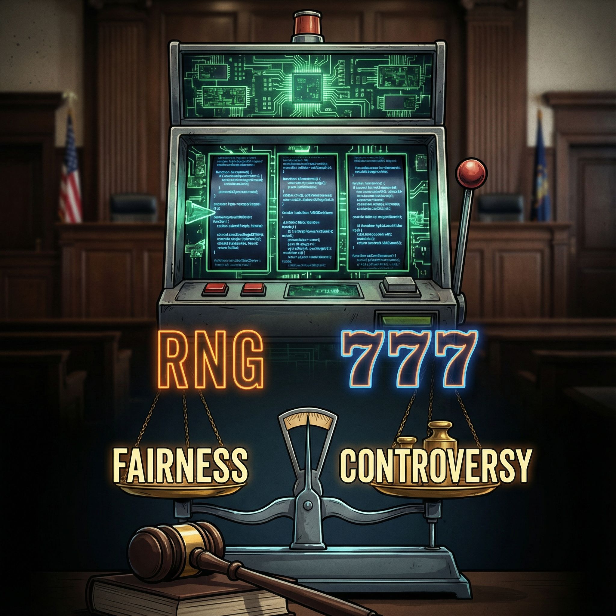 푸른 코드와 슬롯머신이 융합되고 RNG 숫자, 공정 저울이 법정 분위기 속 빛나는 모습이다