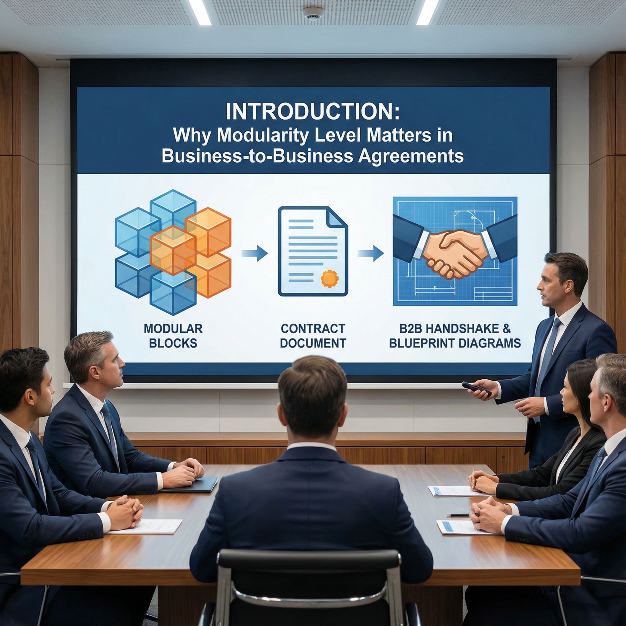 파란 톤 회의실 화면에 Introduction, 블록 조립 계약서와 악수, 도면이 보이는 모습이다
