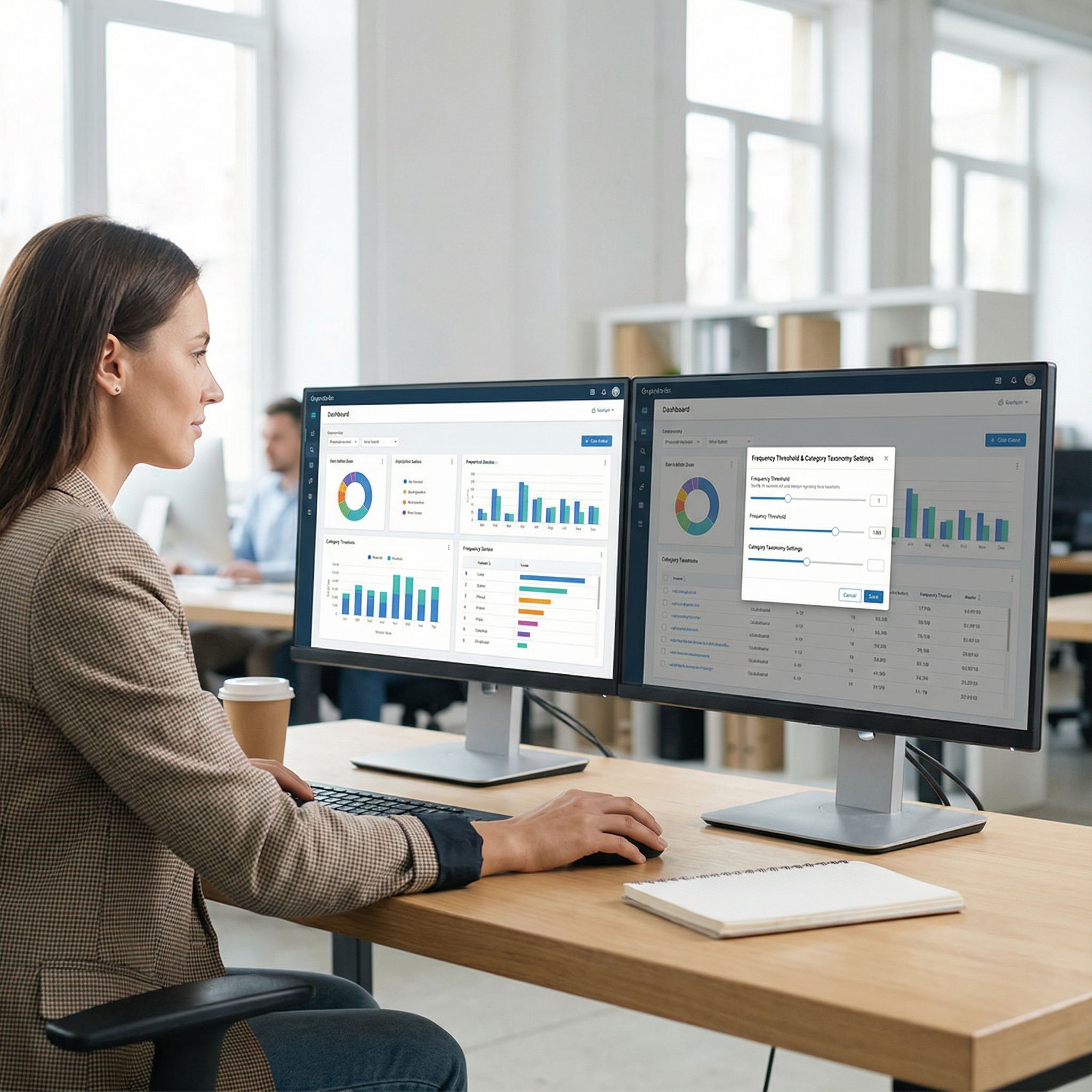 밝은 현대식 사무실에서 분석가가 대시보드의 차트와 표를 보며 빈도 임계값과 분류 체계를 설정한 모습이다