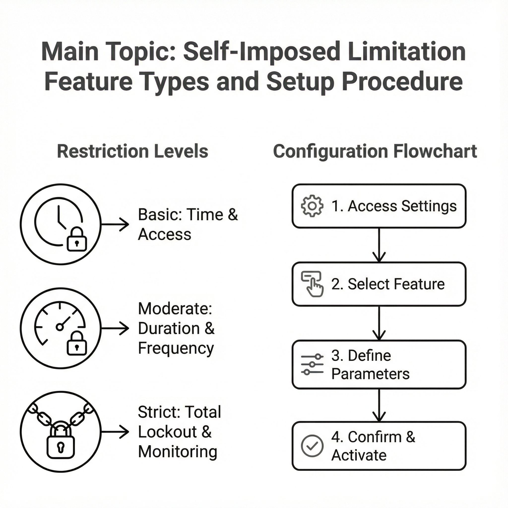 흰 배경 슬라이드에 제목과 제한 아이콘, 단계별 설정 흐름도가 정돈된 모습이다