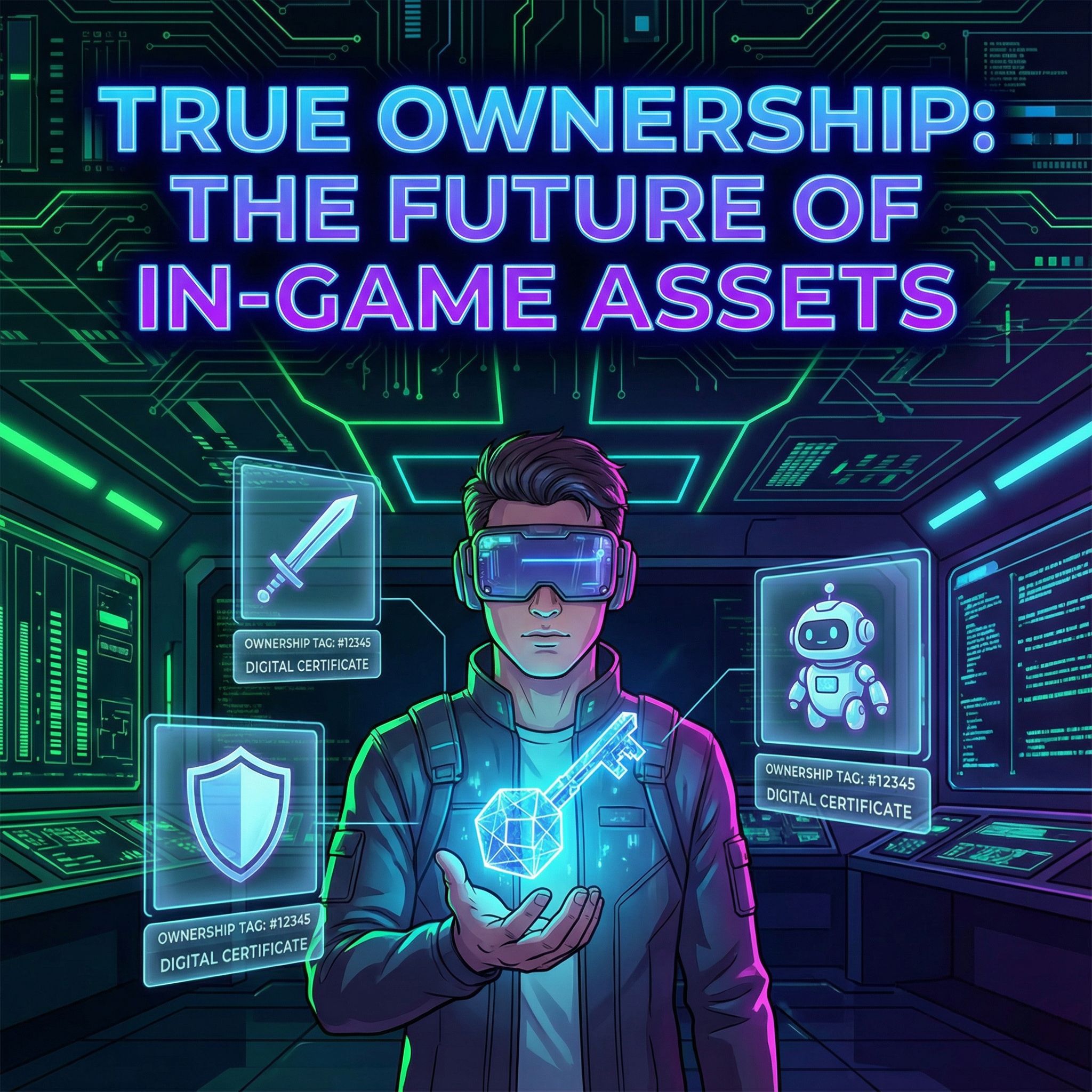 네온빛 사이버펑크 화면, 게이머가 빛나는 블록체인 키와 소유권 태그 NFT 아이템을 든 모습이다