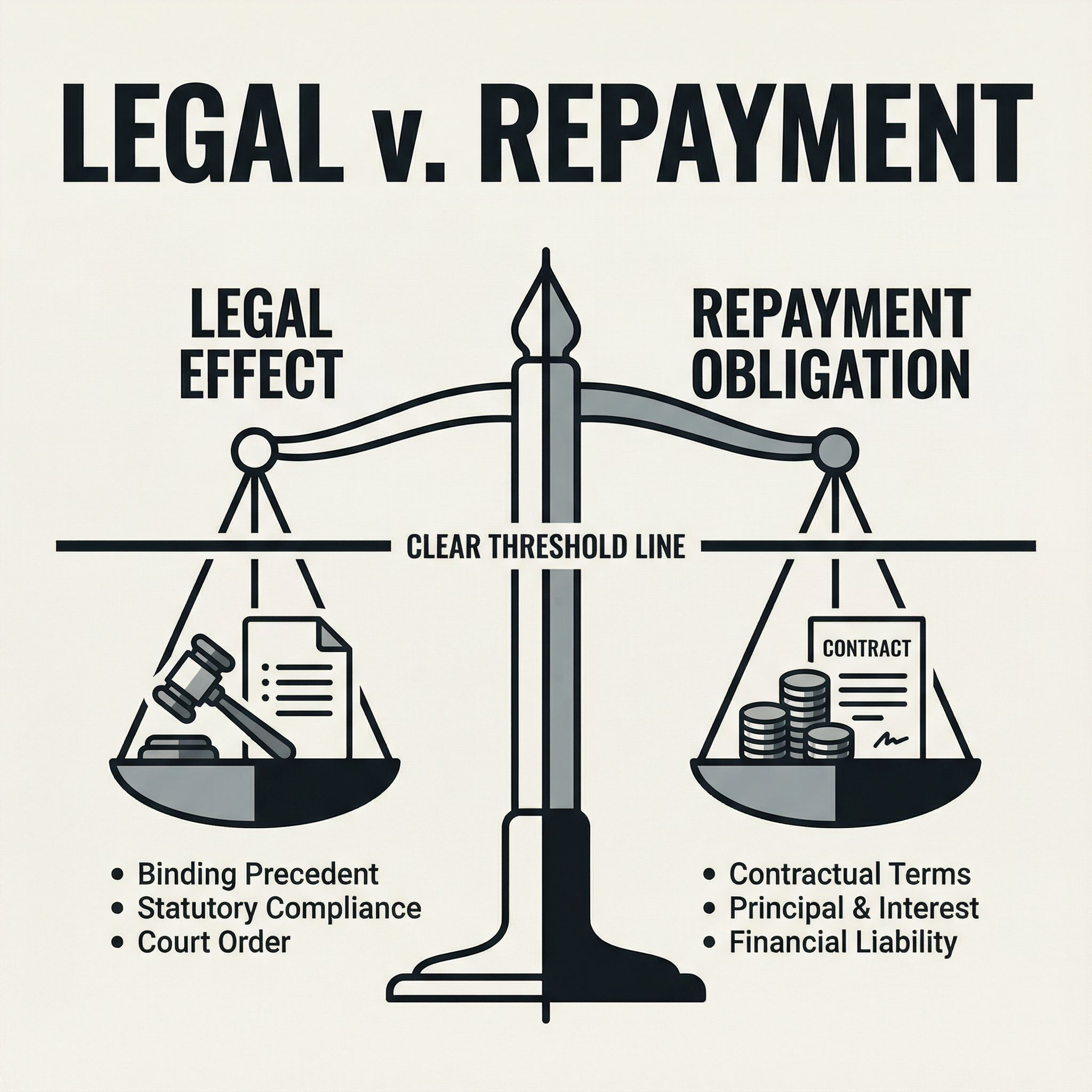 법적 효력과 상환 의무를 저울로 대비해 판결과 계약 조건의 경계선을 중심으로 책임 범위를 설명하는 개념 도식이다