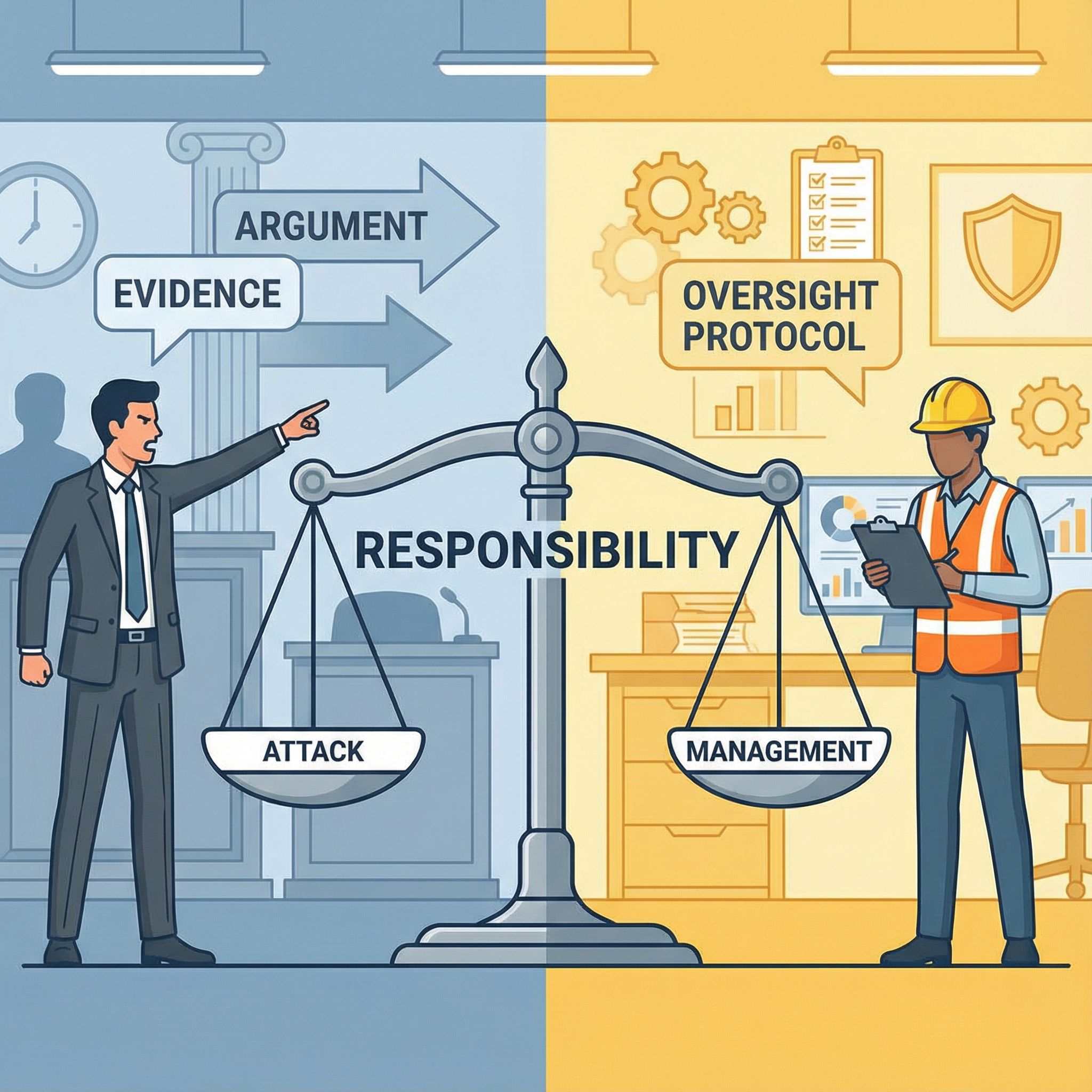 법정 분할화면, 왼쪽 검사 공격, 오른쪽 안전관리자, 중앙 저울이 책임을 나눔 모습이다