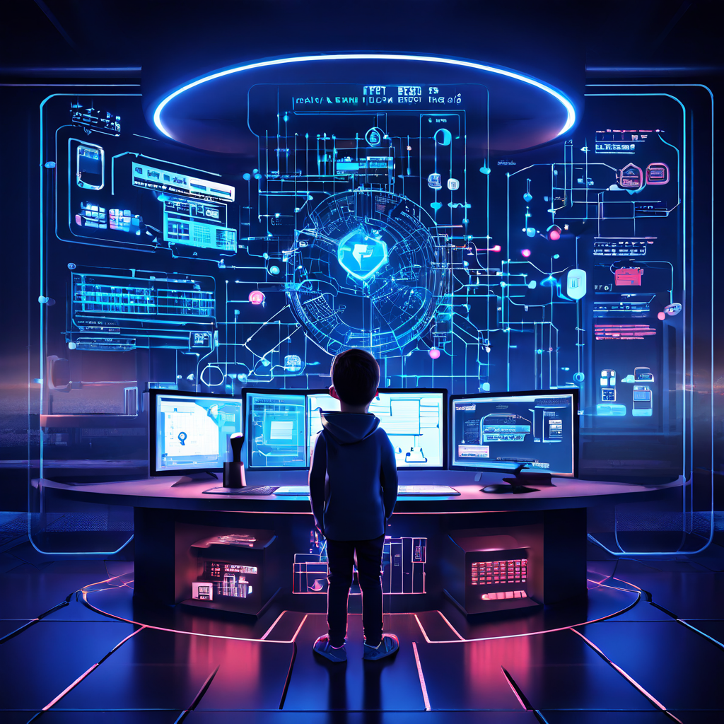 푸른 사이버 보안 관제실에 설계도와 기둥, 경고 아이콘, 흐름도 보는 엔지니어들 있는 모습이다