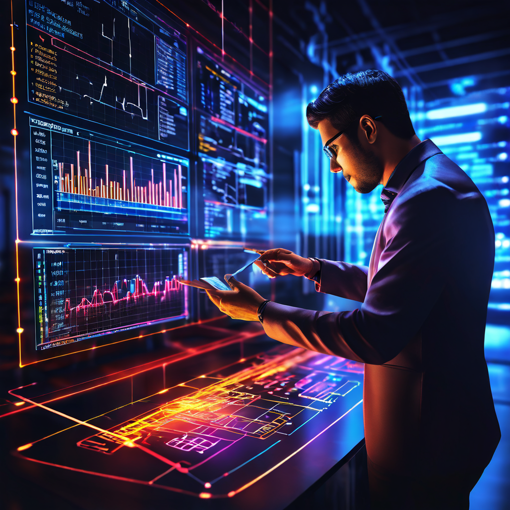 푸른 홀로그램 차트의 퍼센트가 요동치고, 엔지니어가 타임라인 슬라이더를 조정하는 모습이다