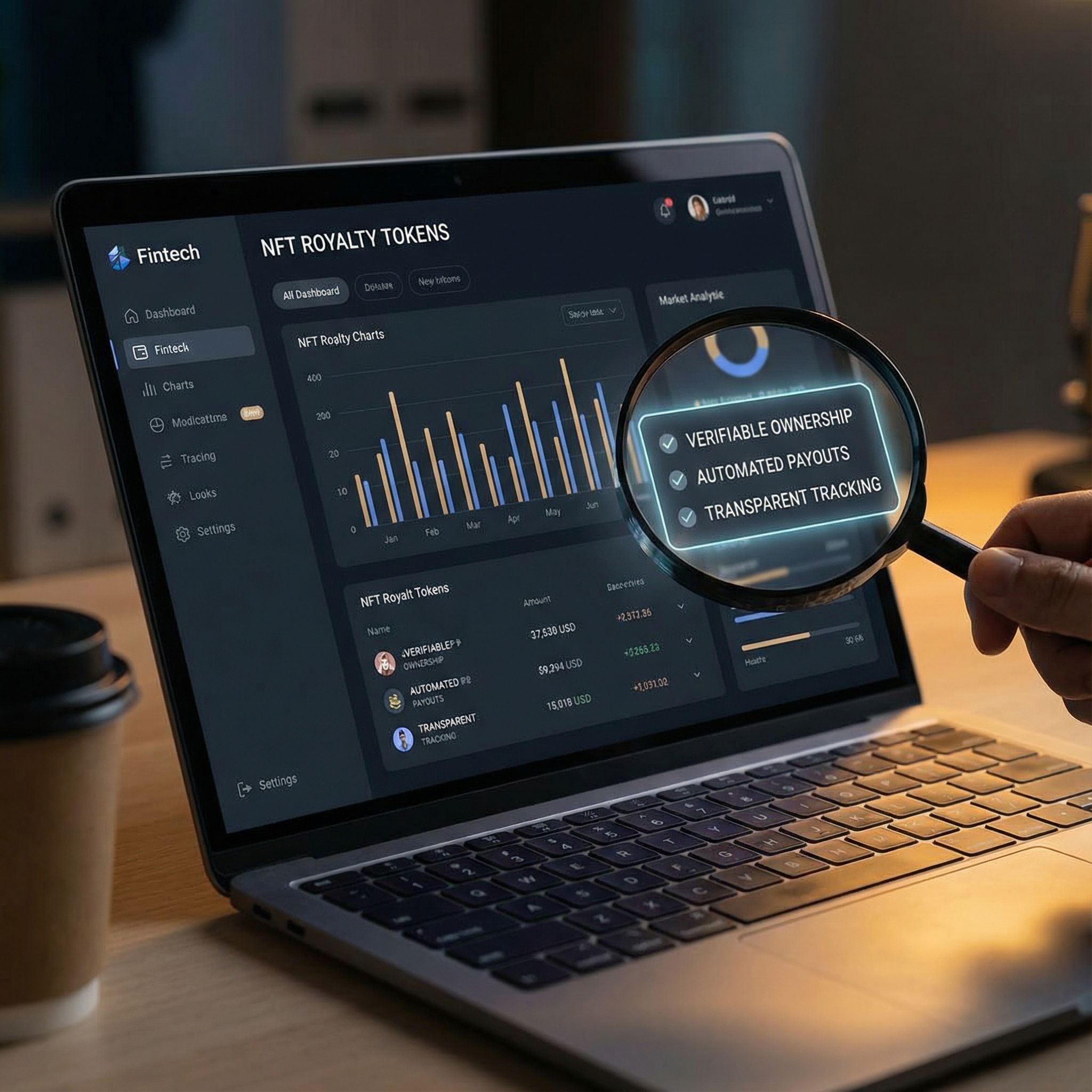 미니멀한 노트북 화면에 NFT 로열티 토큰 대시보드, 돋보기가 체크리스트를 비춘 시네마 조명 모습이다