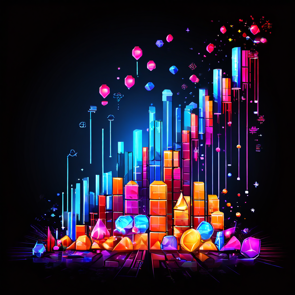 다채로운 게임 아이콘들이 우상향 성공 그래프를, 단조로운 아이콘이 우하향 실패 그래프를 이루는 모습이다.