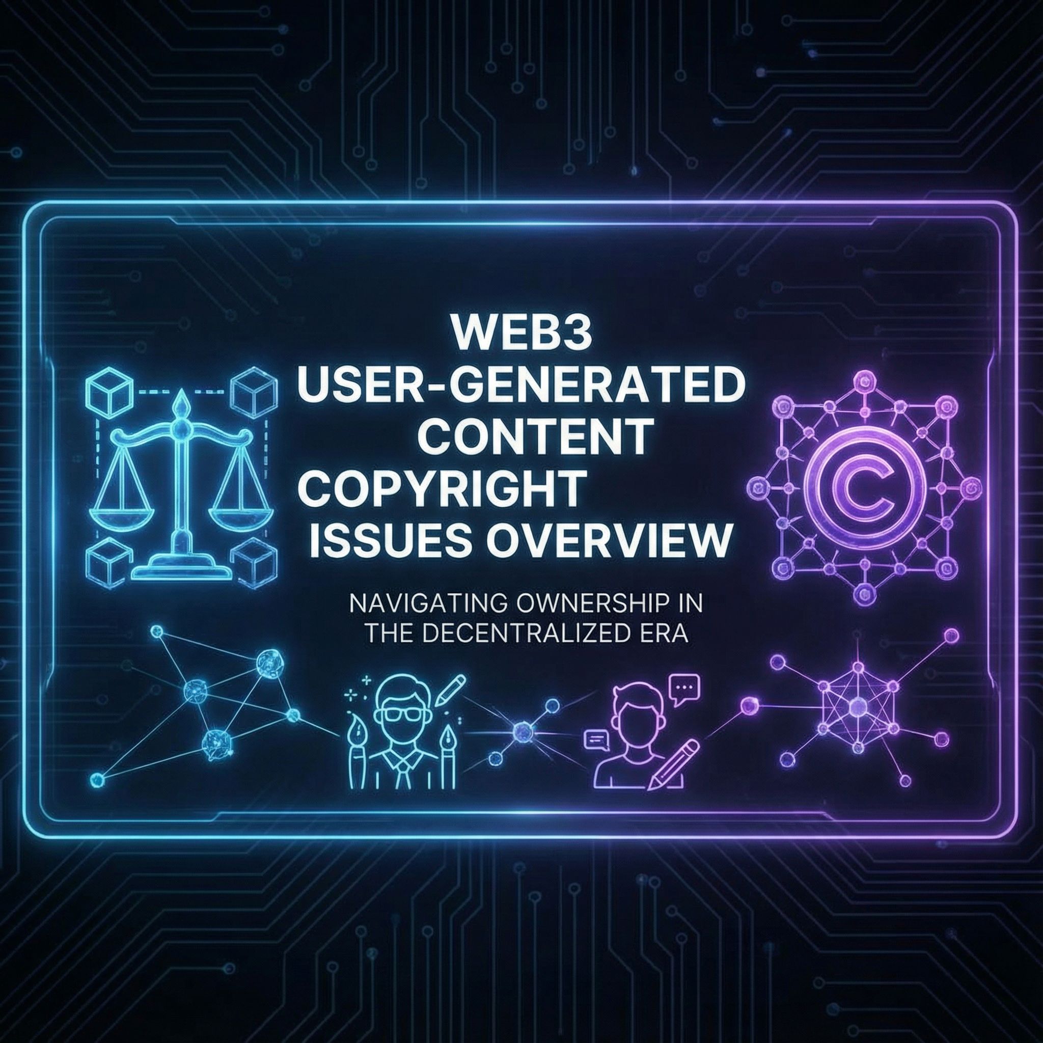 어두운 기술 배경에 블록체인 화면, 저울과 저작권 기호, 창작자와 네트워크 노드가 배치된 모습이다