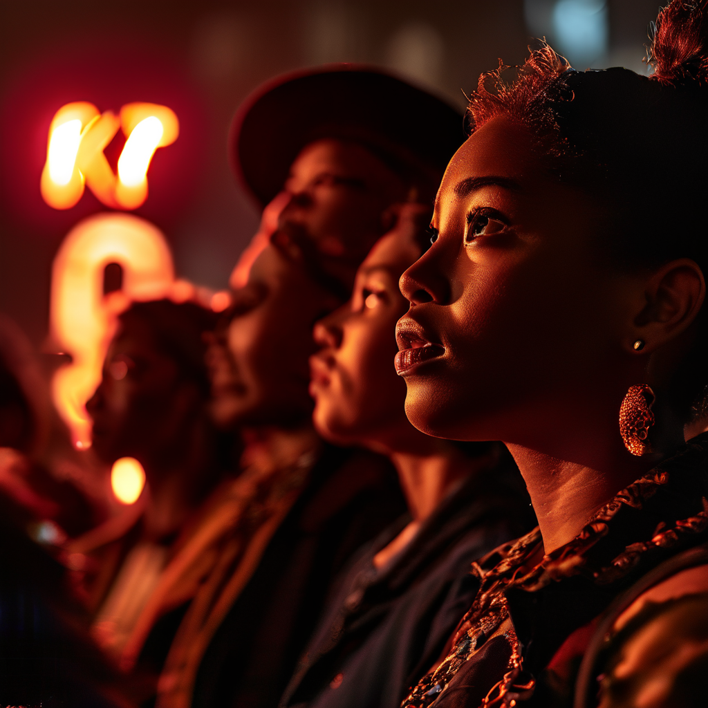 따뜻한 조명 속에서 여러 시선이 한 방향을 향해 고정되며 기대감이 서서히 차오르는 순간