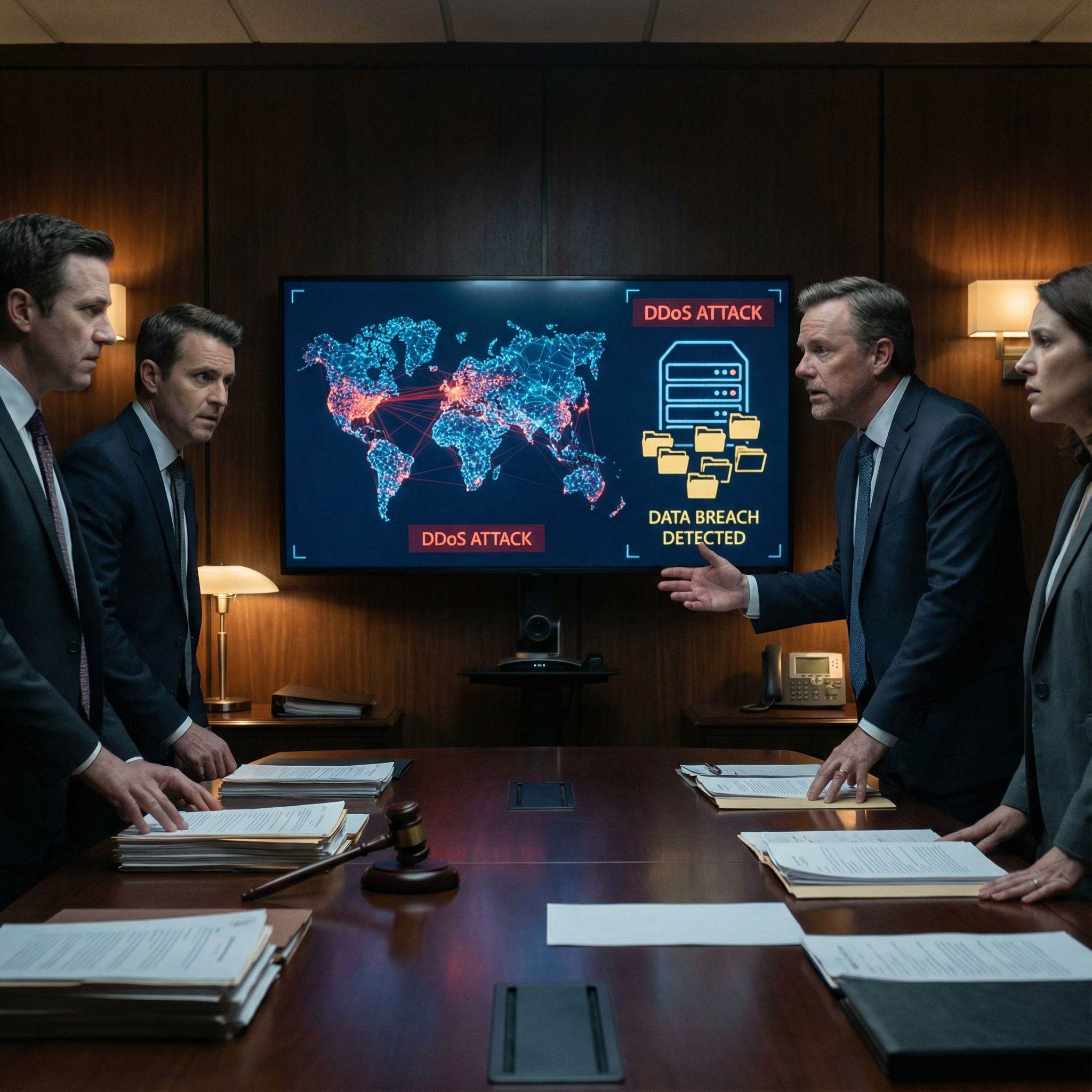 어두운 회의실, 푸른 네트워크 지도와 파일 새는 서버, 서류·망치 앞 분석가들 격론하는 모습이다