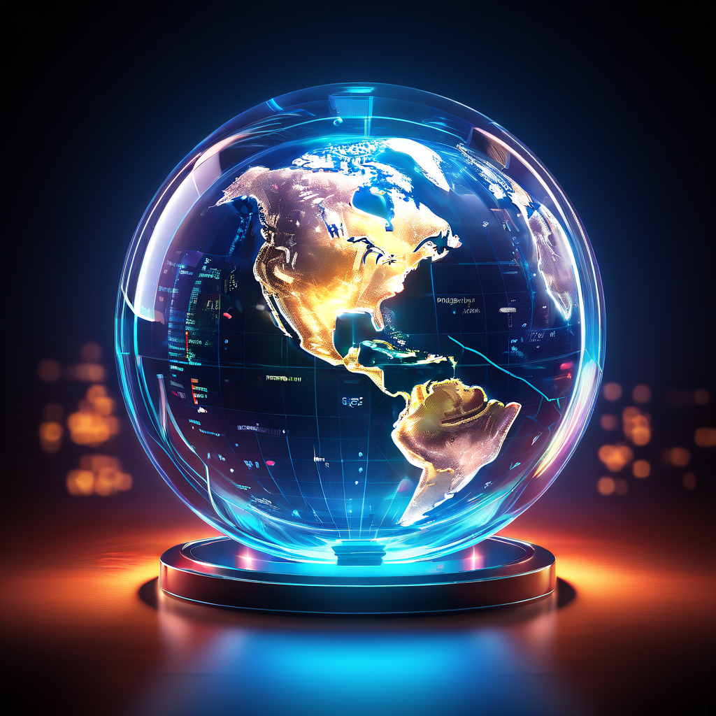 빛나는 지구본 주위로 미래형 홀로그램과 상승하는 주식 차트가 펼쳐져 게임 시장의 성장을 보여준다.