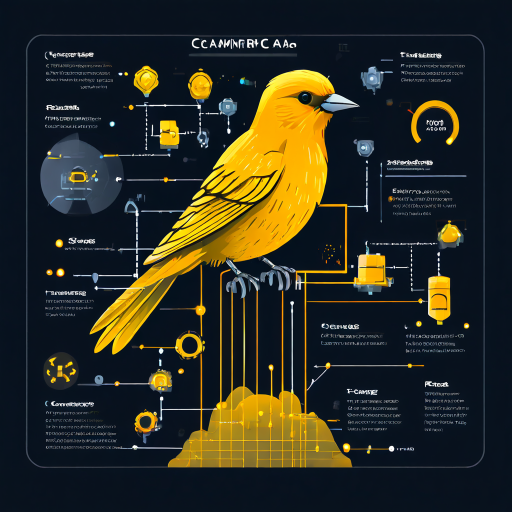 소규모 사용자 그룹의 성능을 데이터 대시보드로 분석하는 카나리 배포 과정을 보여주는 다이어그램.