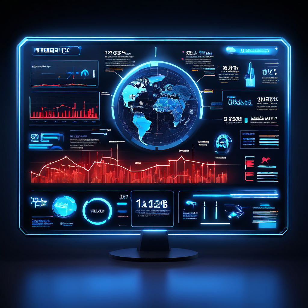 첨단 기술을 활용한 미래형 대시보드에서 예측 모니터링 데이터와 비상 대응 순서도를 시각화하여 선제적인 위기 관리를 보여주는 그림.