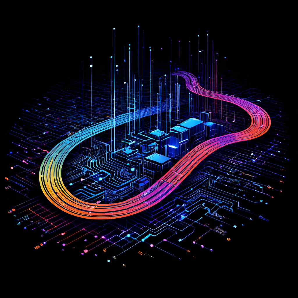 어두운 공간 위에 네온 빛 데이터 흐름이 곡선을 그리며 도시형 회로를 관통하는 미래적 장면