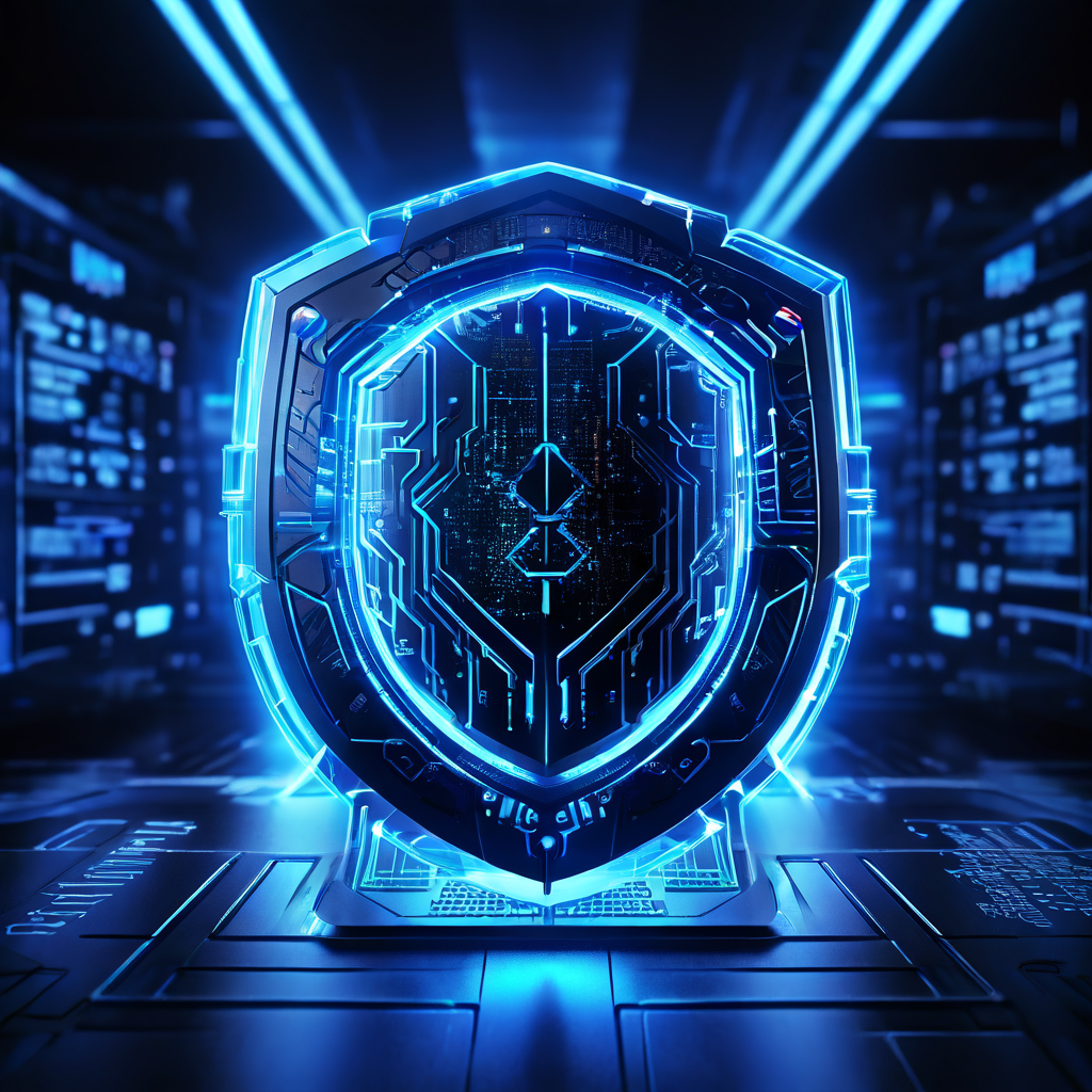 빛나는 방패가 소스 코드를 안전하게 보호하며 실시간으로 코드 무결성 검사를 수행하는 미래형 사이버 보안 시스템의 디지털 인터페이스를 보여주는 이미지.