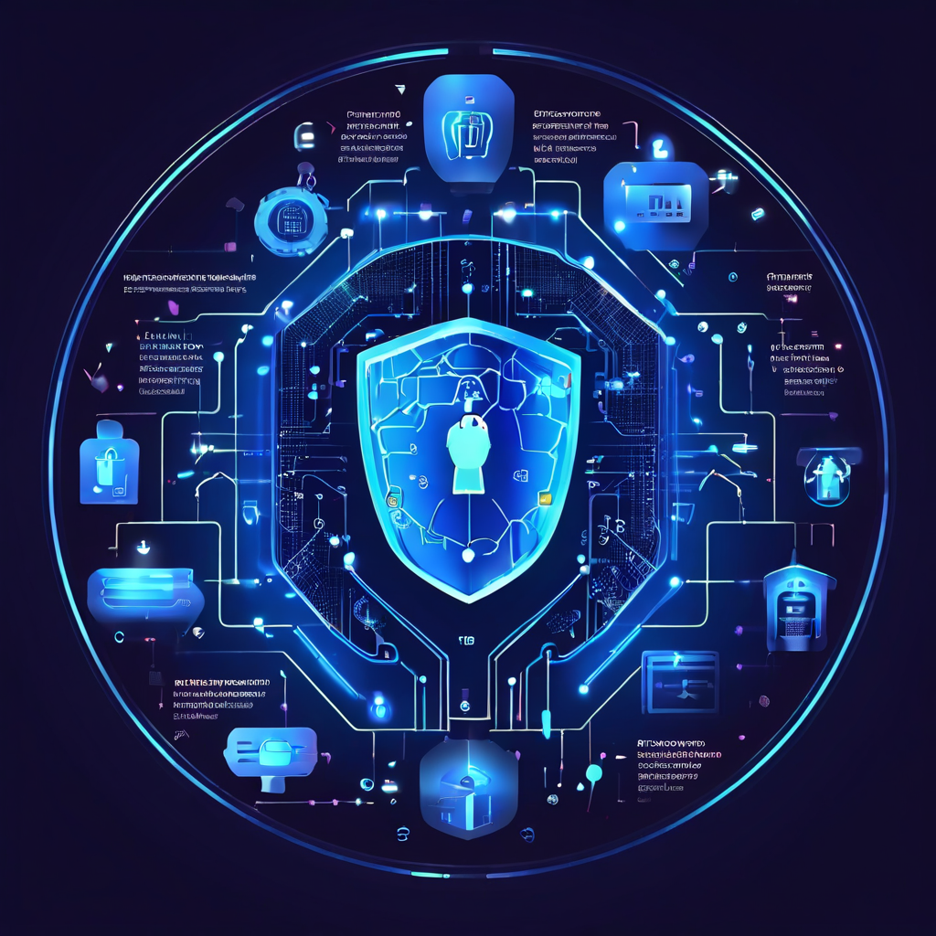 다중 인증(MFA)의 보안 원리를 설명하는 인포그래픽으로, 비밀번호, 스마트폰, 생체 인증 등 여러 보안 계층이 결합하여 강력한 방패를 형성하며 계정을 안전하게 보호하는 과정을 보여주는 이미지.