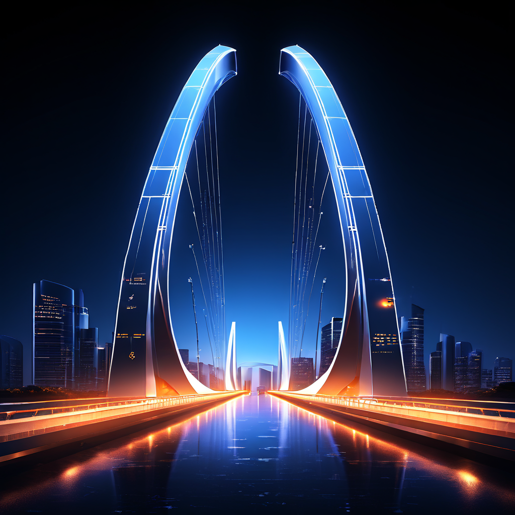 서로 상충하는 두 가치를 최첨단 기술의 청사진으로 조화롭게 연결하여 트레이드오프 관계를 극복하는 혁신적인 솔루션을 제시하는 이미지