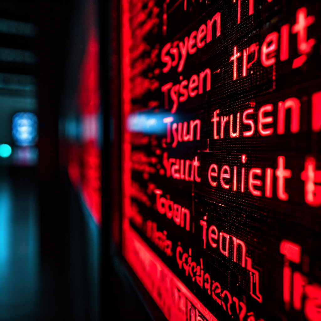 가상계좌 발급 실패로 인해 'SYSTEM TRUST'라고 적힌 서버에 균열이 생기고, '지연' 경고 알림이 화면을 가득 채우며 시스템 위기 상황을 보여주는 이미지.