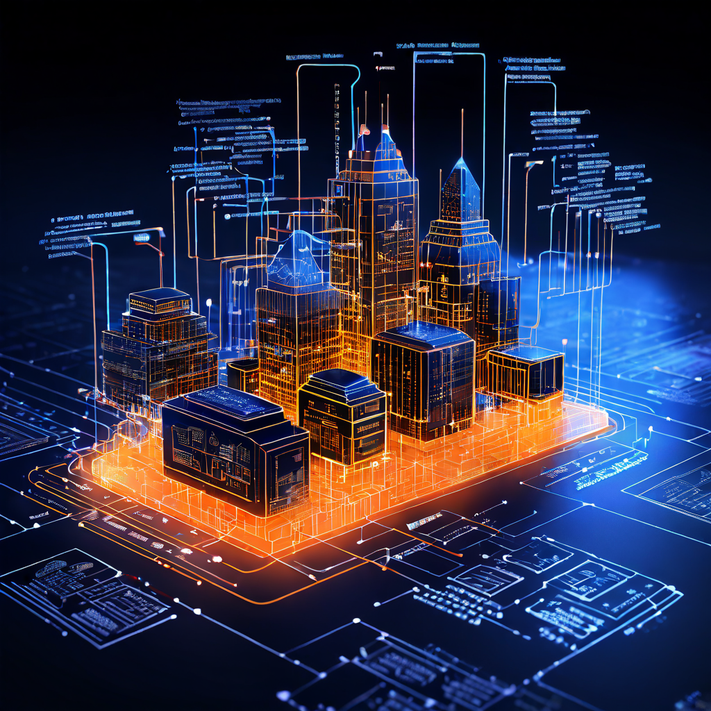 무결성을 갖춘 금융 정산 시스템의 아키텍처를 디지털 설계도로 표현하며, 복잡한 데이터가 안전하고 체계적으로 처리되는 과정을 보여주는 이미지.