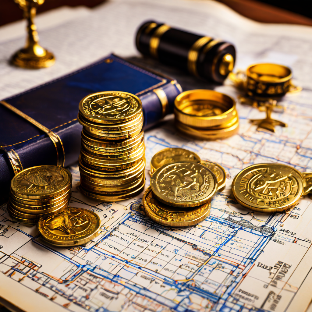 법률 서적과 금화가 튼튼한 기반을 이루고 그 위에 사건 발생 확률 설계도가 그려져 있는 모습으로, 법적, 경제적 근거를 바탕으로 한 리스크 분석의 중요성을 설명하는 그림.