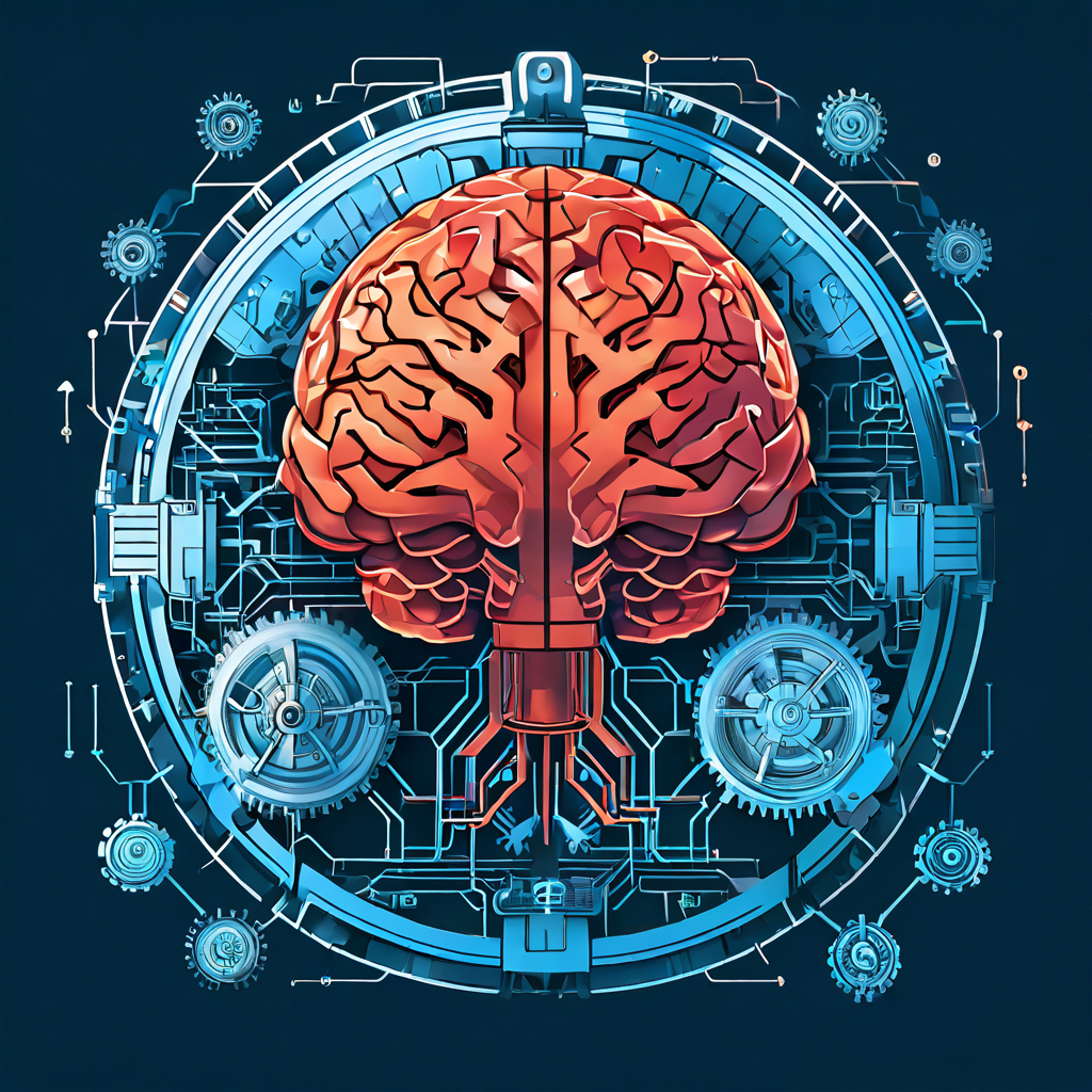 중앙의 인공지능(AI) 두뇌가 핵심 엔진 역할을 하며, 여러 구성 요소와 연동하여 외부 위협을 막는 강력한 보호막을 생성하는 지능형 차단 솔루션의 작동 원리를 보여주는 이미지.