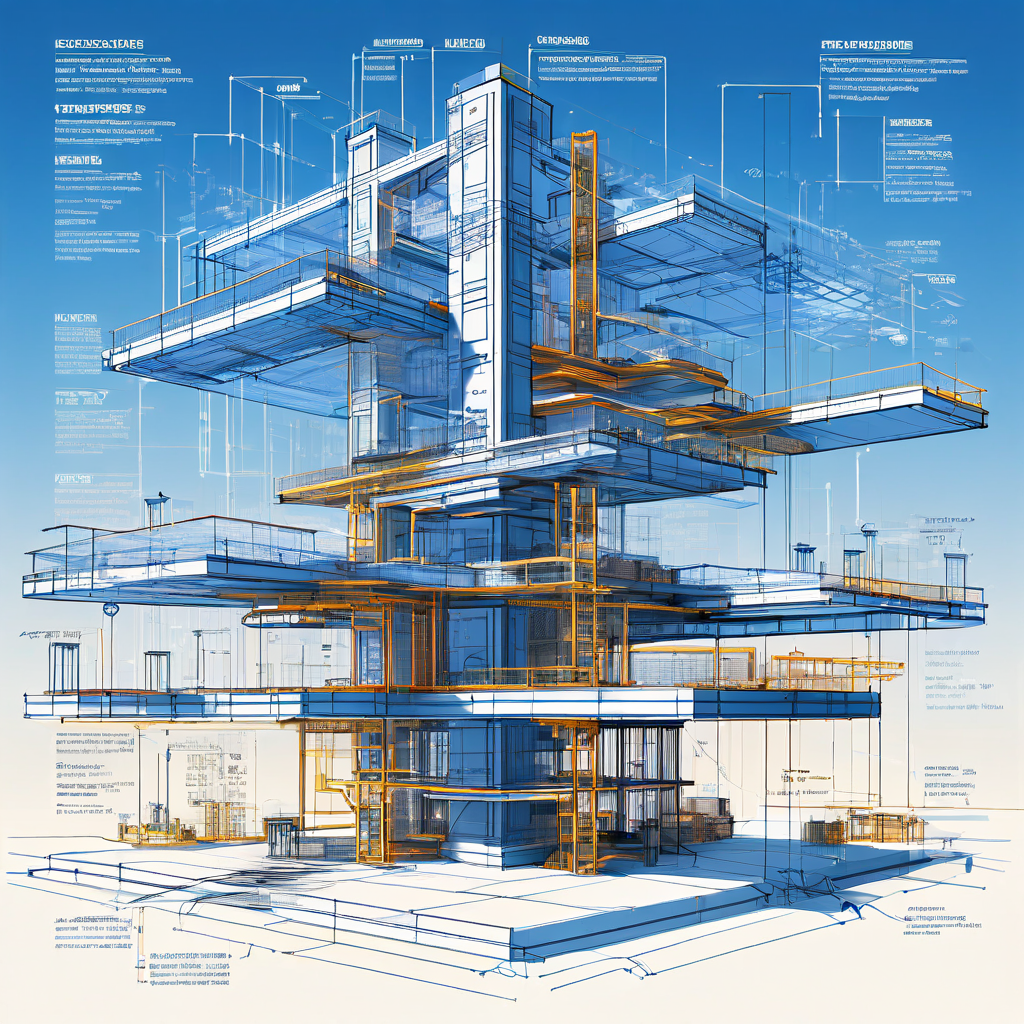 안정적인 기반과 확장 가능한 모듈 구조가 완벽한 균형을 이루는 건축 청사진으로, 비즈니스의 지속 가능한 성장을 위한 안정성과 확장성의 조화를 보여주는 이미지.
