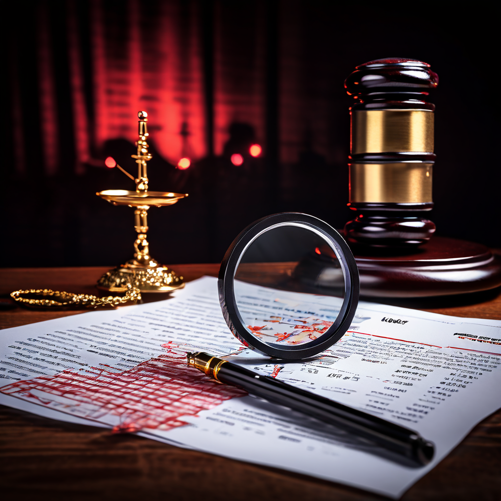 규제를 상징하는 돋보기로 유출된 문서를 분석하고, 배경의 정의의 저울과 위험 차트로 정보 유출의 법적 책임과 위험성을 보여주는 이미지.