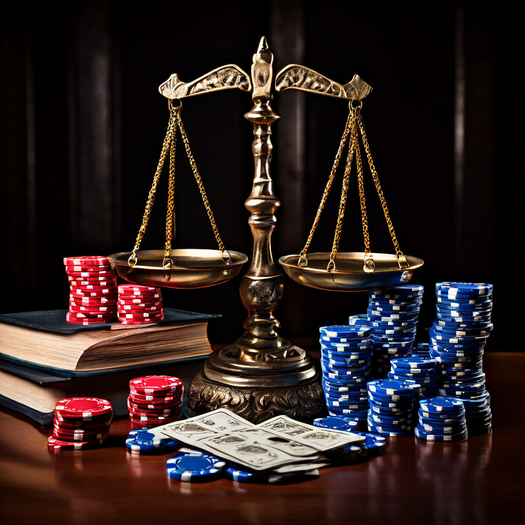 정의의 저울이 한쪽에는 법전을, 다른 쪽에는 포커 칩 더미를 올려놓고 균형을 맞추며 베팅 한도 설정의 법적 근거와 필요성을 상징적으로 보여주는 이미지.