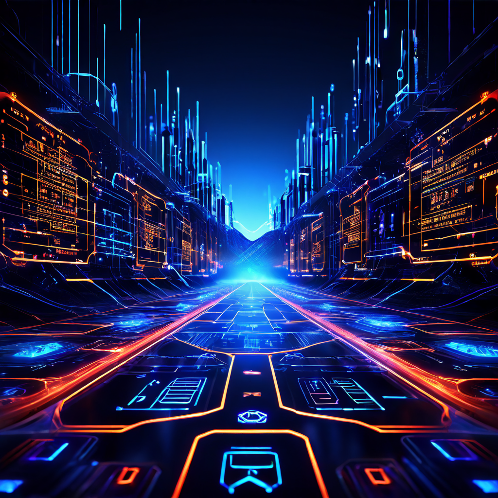 웹소켓의 양방향 데이터 스트림을 통해 미래형 프론트엔드 인터페이스가 실시간으로 끊김 없이 업데이트되는 기술 혁신을 보여주는 이미지.