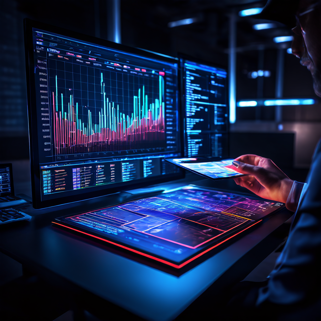 금융 전문가가 최적의 투자 전략을 위해 복잡하게 시각화된 금융 데이터를 직접 조작하며 수동 포트폴리오의 정량적 리스크 분석을 수행하는 과정을 보여주는 이미지.