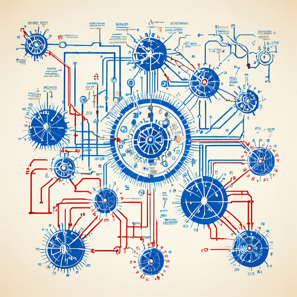 확률 모델 기반 시스템 통합 아키텍처를 시각적으로 표현한 기술 설계도입니다. 정교한 톱니바퀴, 데이터 회로, 통계 그래프가 유기적으로 연결된 구조를 상세히 보여주는 그림입니다.