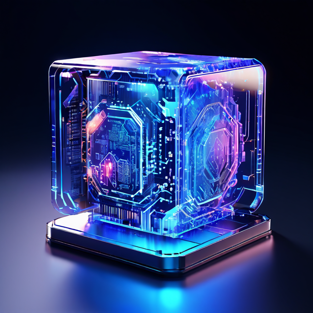 다층적 홀로그램 방어막이 정교한 디지털 코어를 안전하게 보호하며, 첨단 시스템의 데이터 무결성과 사이버 보안 체계를 시각적으로 보여주는 이미지.