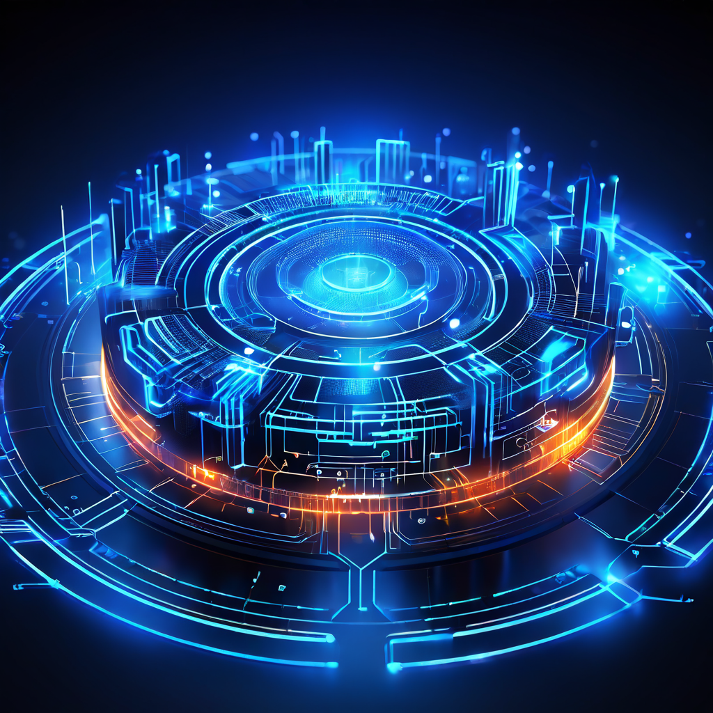 복잡한 네트워크 속 중앙 데이터 코어를 동심원의 디지털 방어막이 겹겹이 보호하는 다계층 보안 프로토콜의 미래형 아키텍처를 보여주는 이미지.