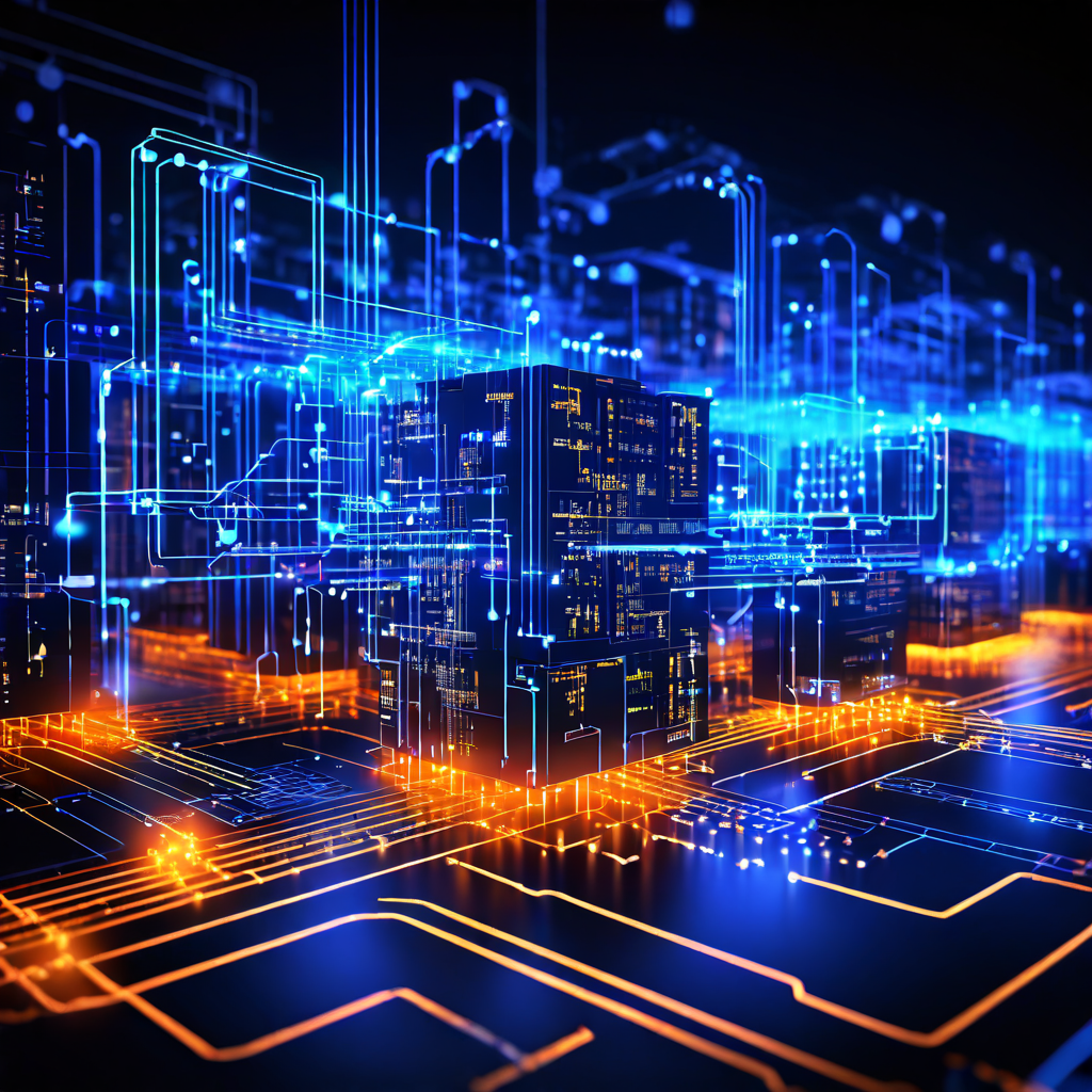 견고한 시스템 아키텍처의 구조를 보여주는 디지털 청사진으로, 여러 API 모듈이 데이터 경로를 통해 유기적으로 연결되어 안정적이고 보안성 높은 네트워크를 구축하는 과정을 설명하는 이미지.