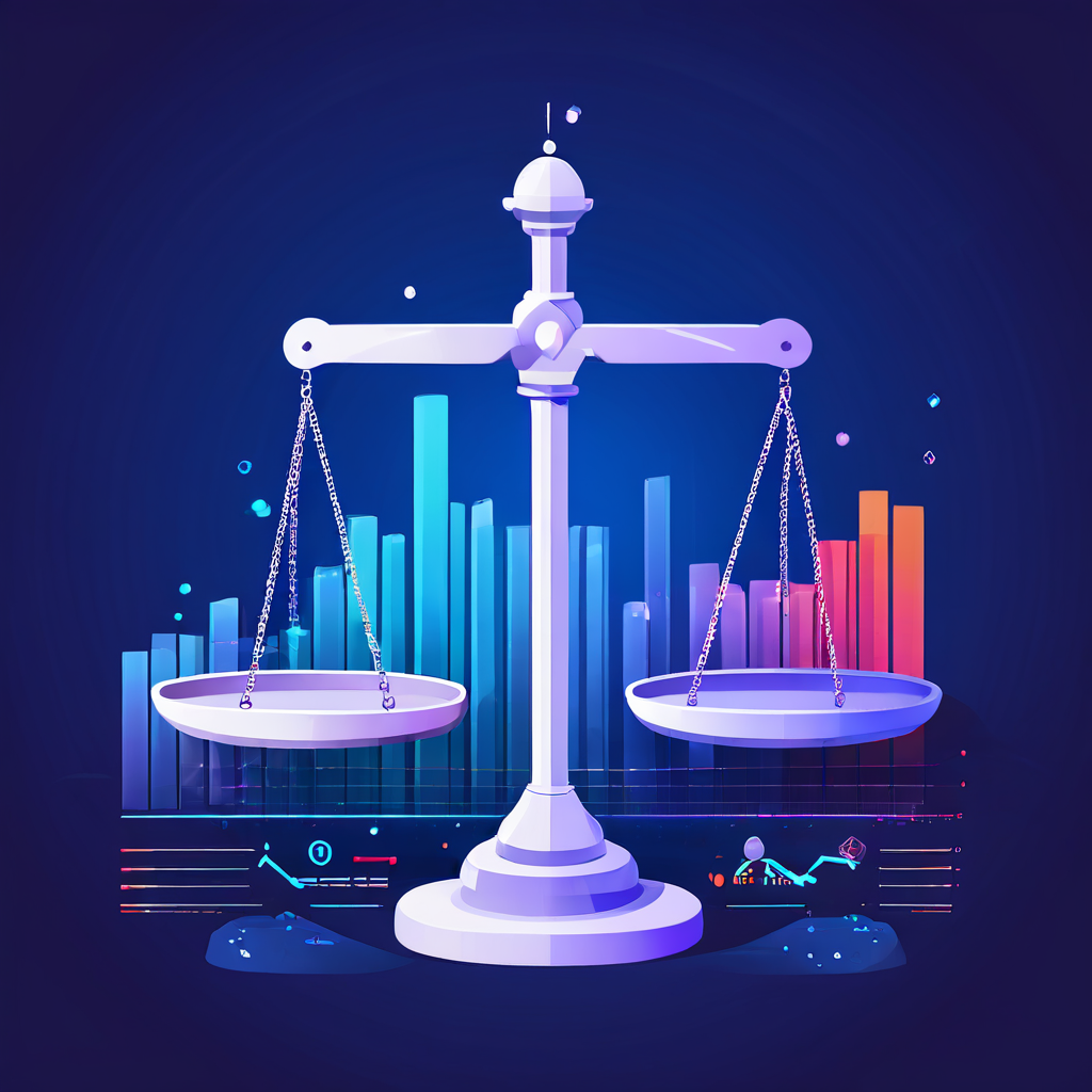 기업의 합리적 의사결정을 위해 실행 비용과 기회비용을 저울로 비교하고, 데이터 기반의 정량적 분석을 수행하는 과정을 보여주는 인포그래픽 이미지.