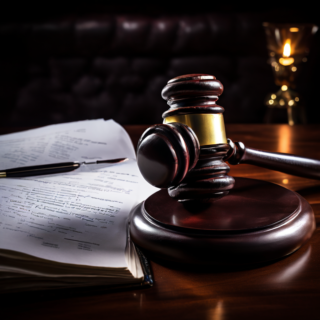 법적 권위를 상징하는 판사의 의사봉과 합의된 규약 문서가 견고한 방패 역할을 하여, 잠재적인 사회적 갈등과 분쟁을 사전에 예방하고 해결하는 중요성을 강조하는 그림입니다.