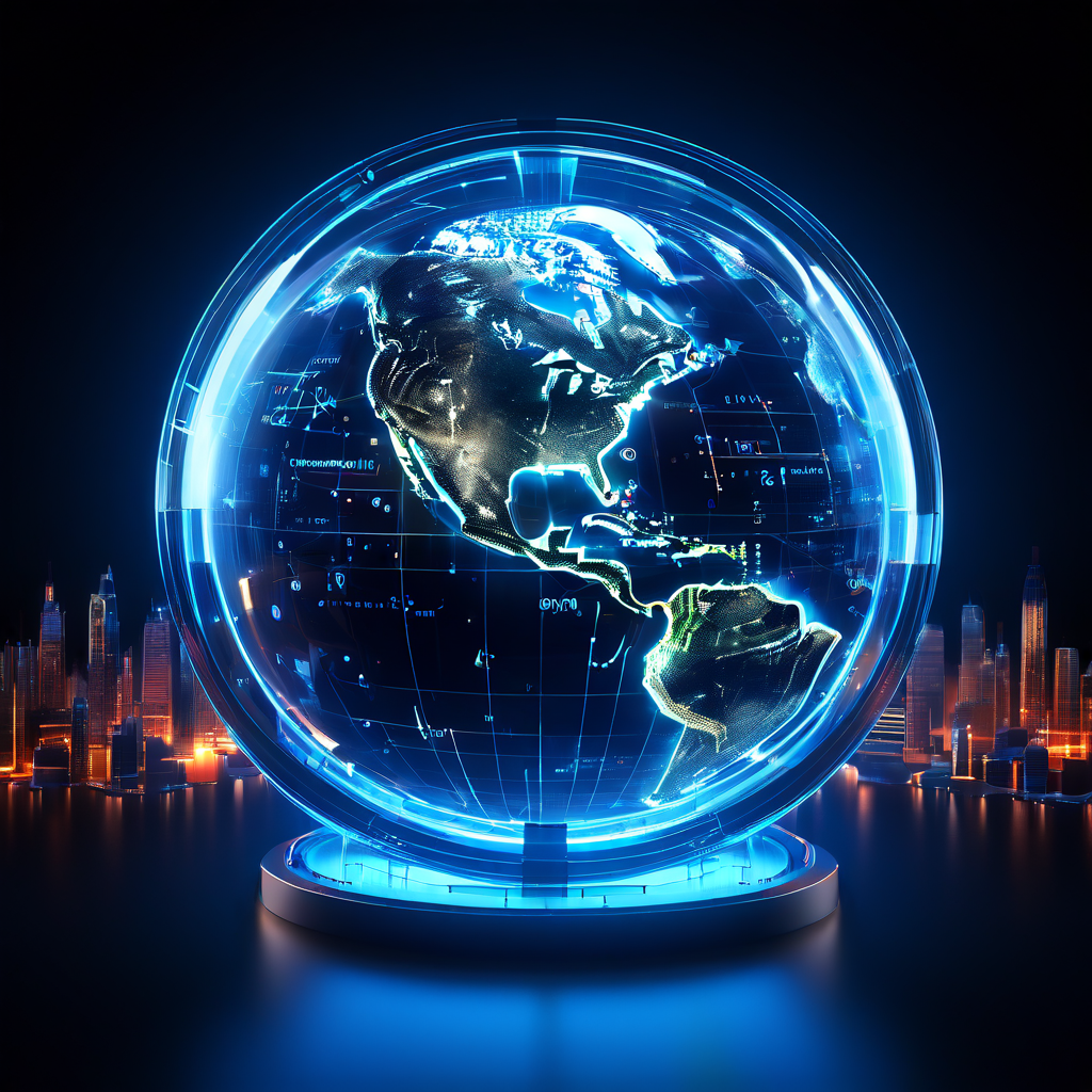 데이터 기반으로 설계되어 24시간 운영되는 글로벌 시장 시스템을 보여주는 이미지로, 빛나는 정보 네트워크가 지구 전체를 연결하며 실시간으로 데이터가 흐르는 모습을 묘사합니다.
