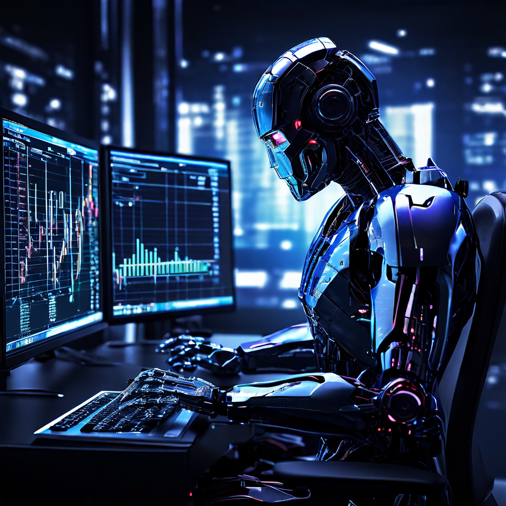 주식 시장 차트의 데이터 흐름을 분석하며 차트 구조를 실시간으로 재구성하는 제3자 로봇이 등장하는 모습을 보여주는 이미지입니다.
