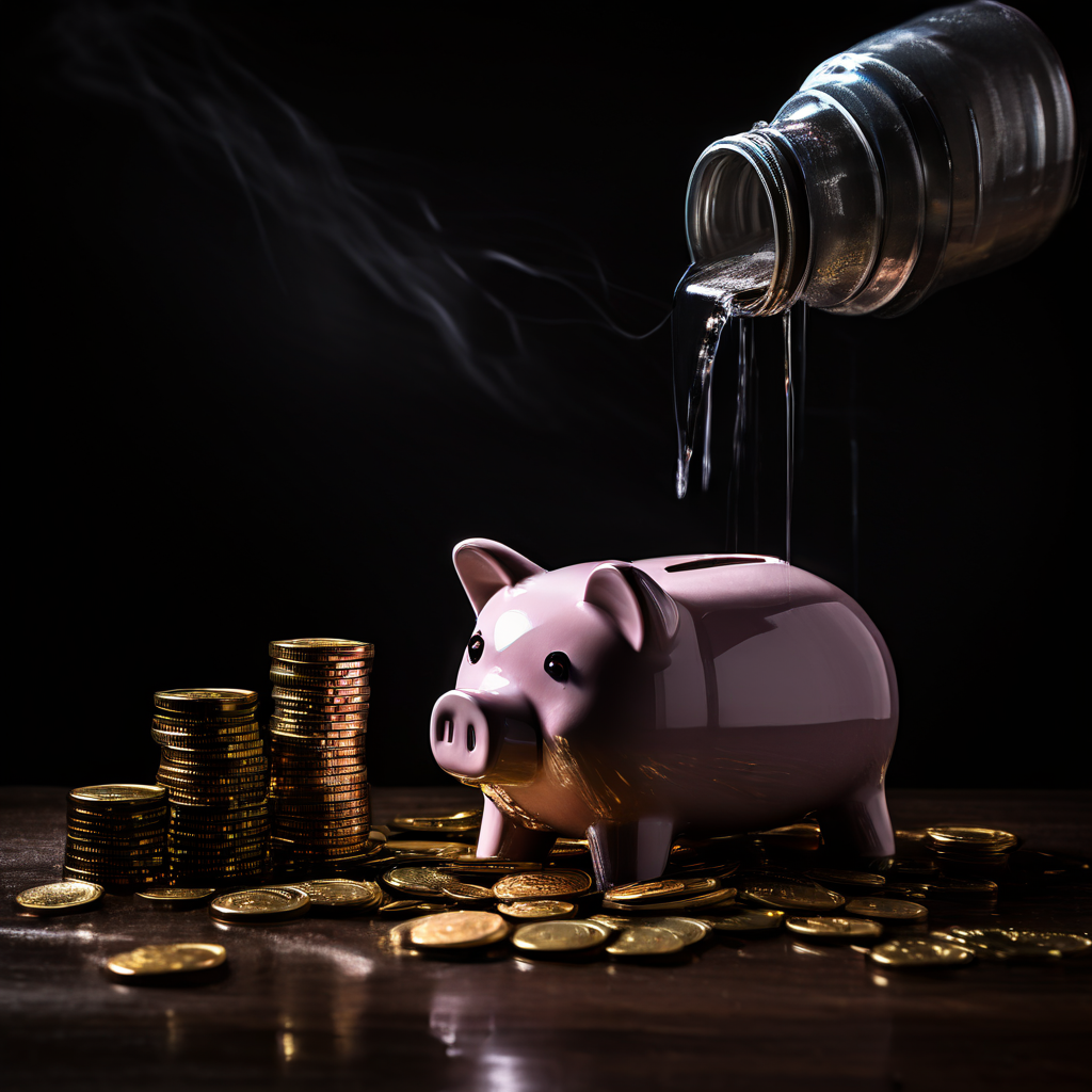 파손된 저금리에서 배당금이라 적힌 동전이 쏟아져 나오며, 옆의 차트는 주가가 급락하는 모습을 보여주는 우울한 투자 실패 상황을 묘사한 이미지입니다.