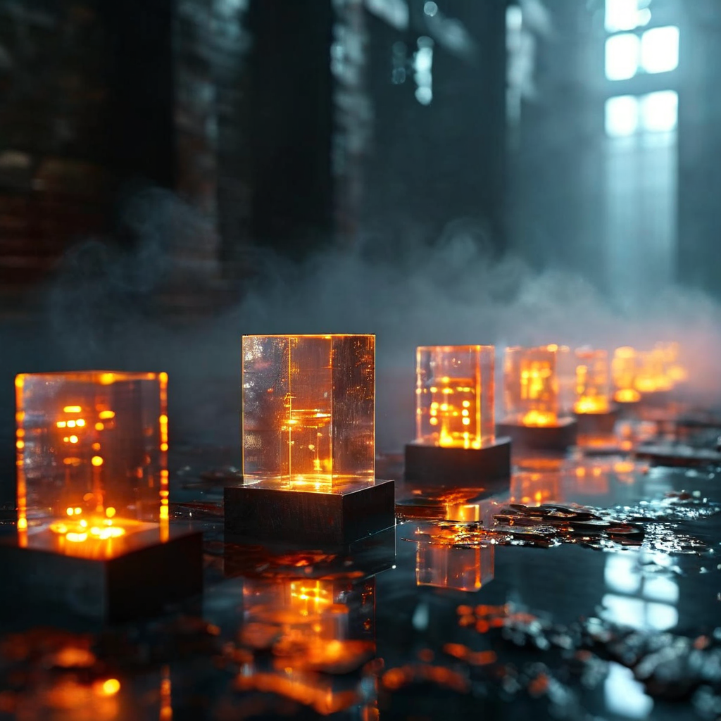 투명한 블록으로 구성된 빛나는 디지털 원장이 불확실성의 안개를 뚫고 빛나는 체인을 형성하며 블록체인 기술의 투명성과 신뢰를 상징적으로 표현한 이미지입니다.