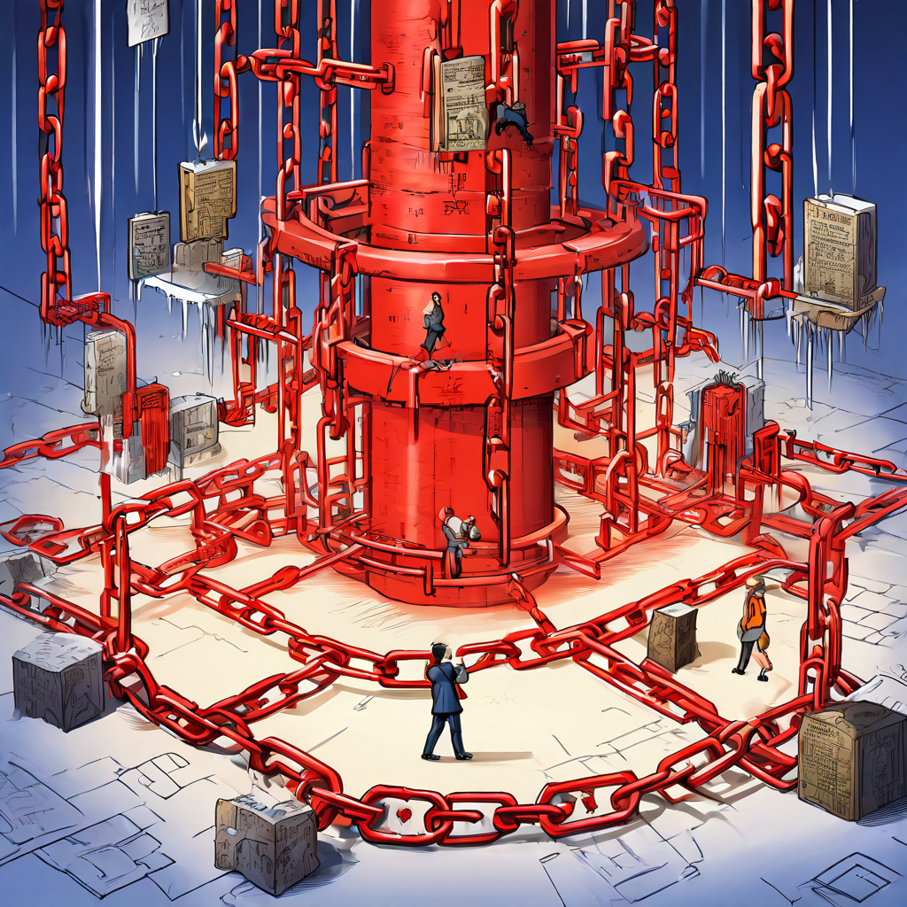 금융 시장에서 자본 흐름이 '아웃라이트 시장'이라는 중앙 허브에 묶여 동결되고, 체인과 자물쇠로 자금이 갇힌 상태를 상징적으로 표현한 복잡한 다이어그램입니다.