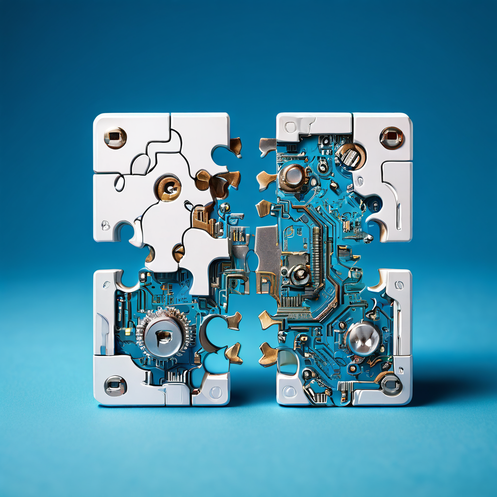 퍼즐의 정중앙에 빠진 한 조각을 정확히 채우는 브랜드 로고가 새겨진 테크 부품이 기술 솔루션이 완성된 시스템을 구성하는 핵심 요소임을 상징적으로 표현한 이미지입니다.
